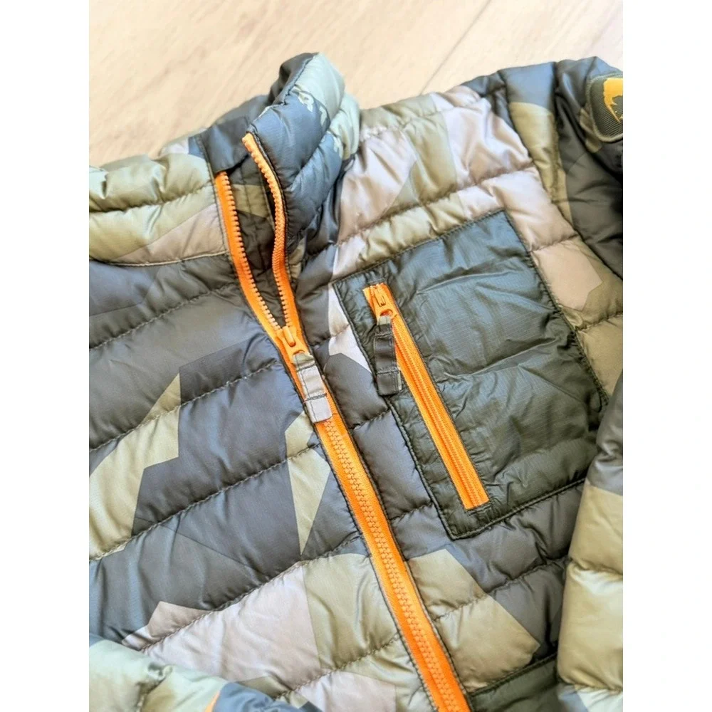 Burton Kids Geometric Camo Puffer Jacket Green Orange Zip Size S 7/8